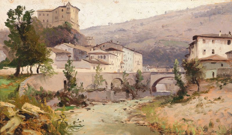 Paisagem representando montanhas e pôr do sol de Ludwig Willroider, pintura a óleo