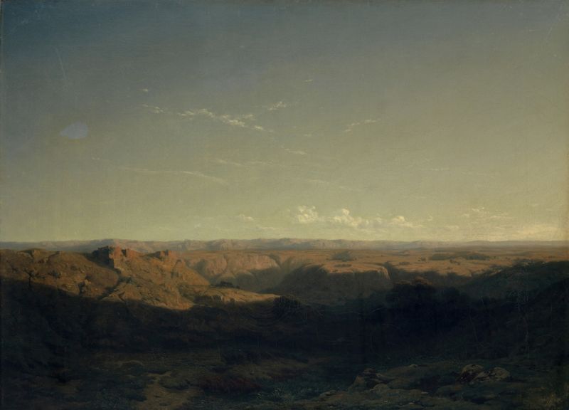 Southern Mountain Landscape by Alexandre Calame, oil on canvas depicting a tranquil mountain scene with a stream.