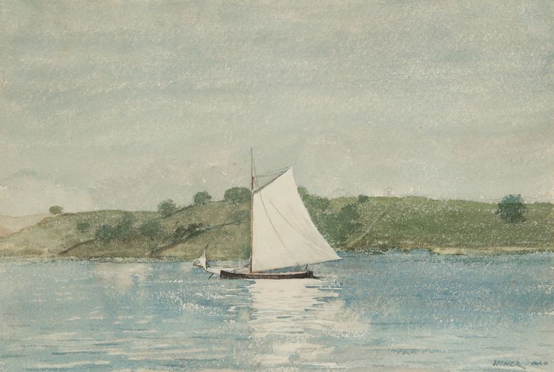 Sailing Calm Water de Winslow Homer, pintura a óleo de um veleiro em águas tranquilas.