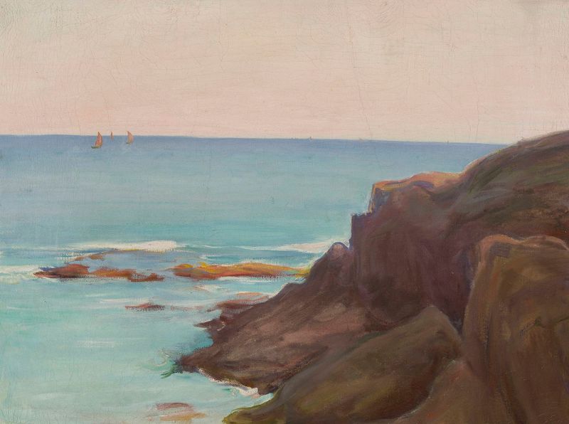 Paisaje marino con tres pequeños barcos, óleo sobre lienzo de Władysław Ślewiński