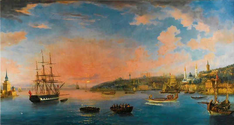 View over the Bosphorus, pintura a óleo de Continental School, retratando águas cintilantes e uma paisagem tranquila.