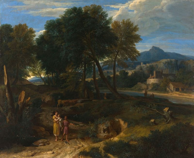 Pastorale avec un jeune pâtre et une femme avec un enfant dans les bras, oil on canvas by Jean-François Millet