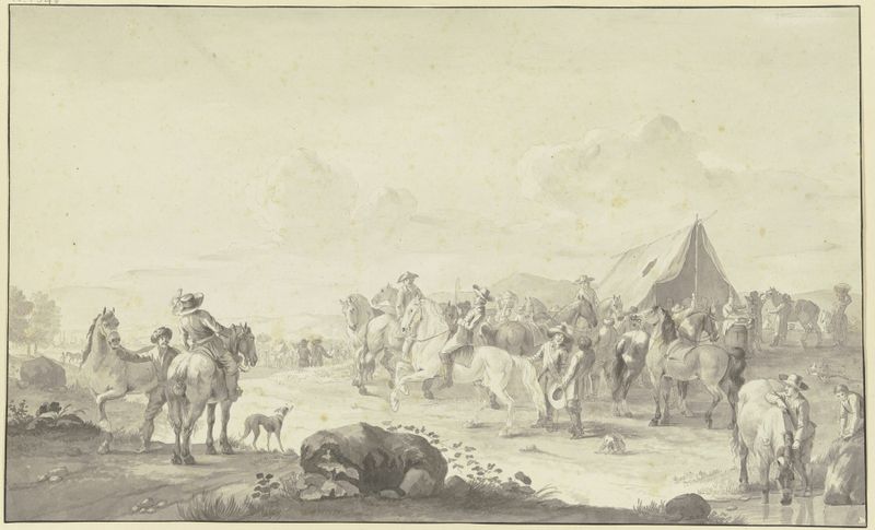 Escena de género que muestra un caballo bebiendo agua en un mercado por Johann Georg Pforr