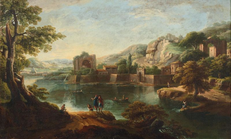 A mountainous river landscape with fishing boats, oil painting by Paolo Anesi