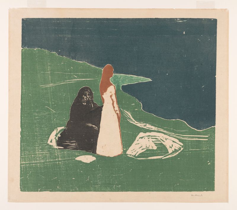 Two women stand on the shore, silhouetted against the sea in wood by Edvard Munch