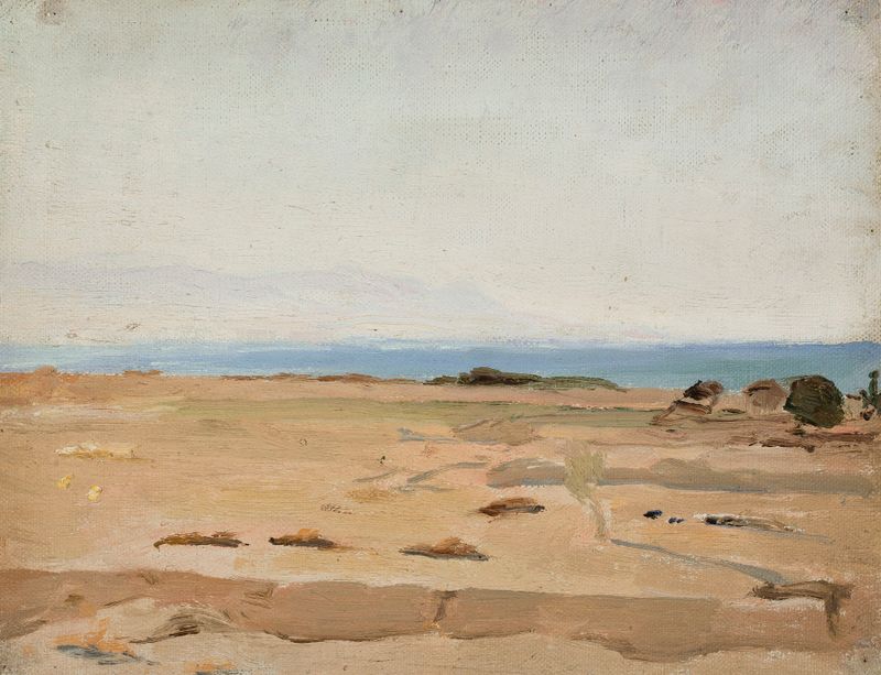 Óleo sobre tela de Jan Ciągliński retratando o Golfo de Corinto com ondas suaves e costas distantes.