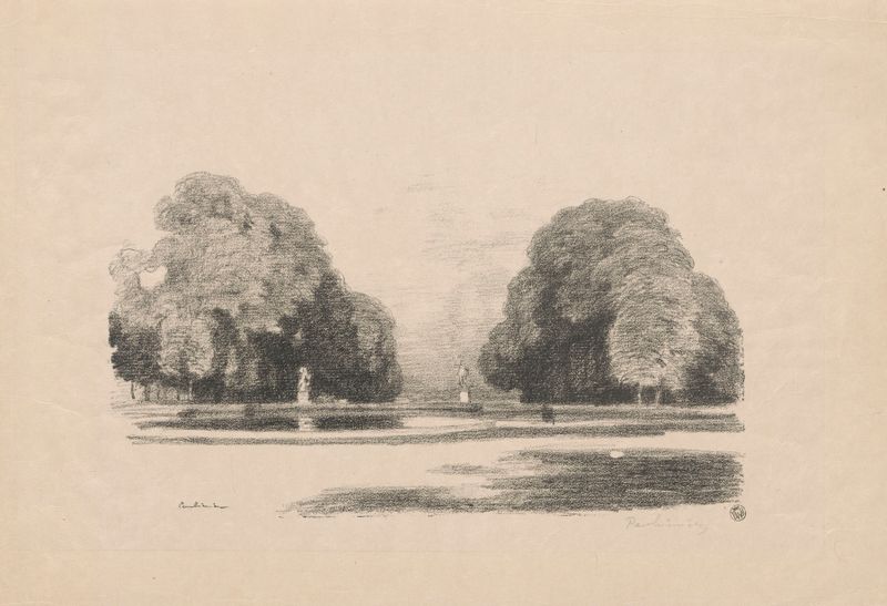 Avenue in St. Cloud, pintura al óleo de Józef Pankiewicz que muestra un jardín exuberante con luz solar.