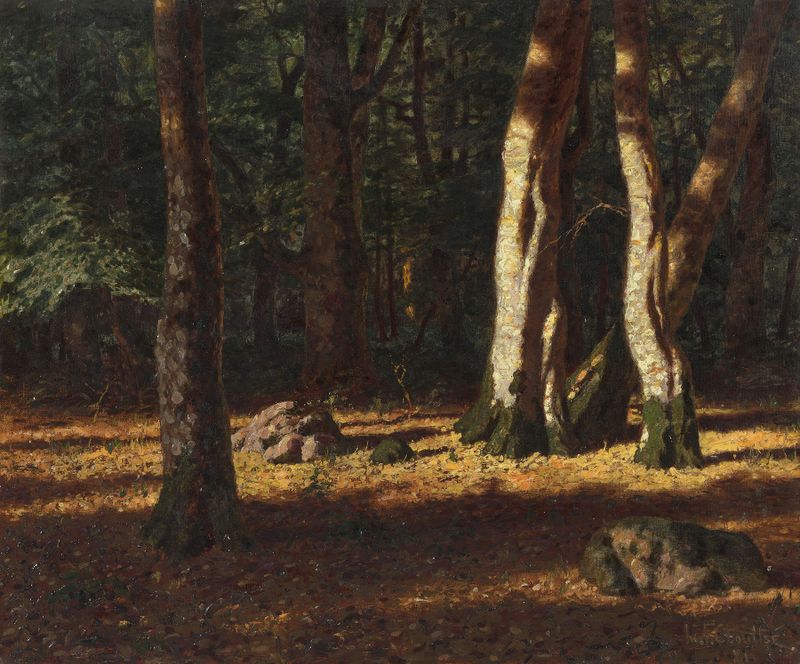 Fontainebleau Forest in Autumn by Ivan Fedorovitch Choultse, oil on canvas depicting a tranquil forest path.