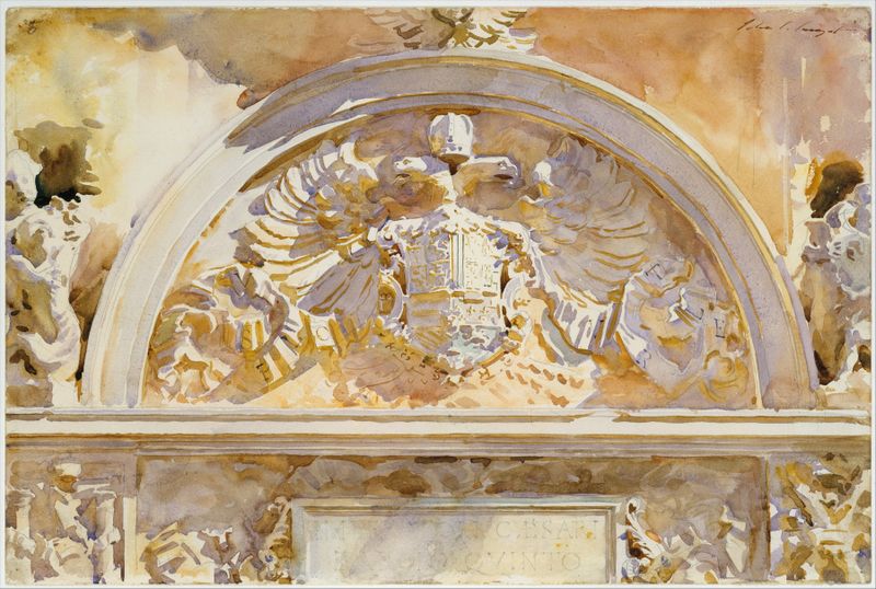 Escudo de Carlos V de España de John Singer Sargent, óleo sobre lienzo, que representa la heráldica real.