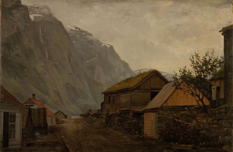 Oil painting by Amaldus Nielsen depicting mist over mountains in Gudvangen