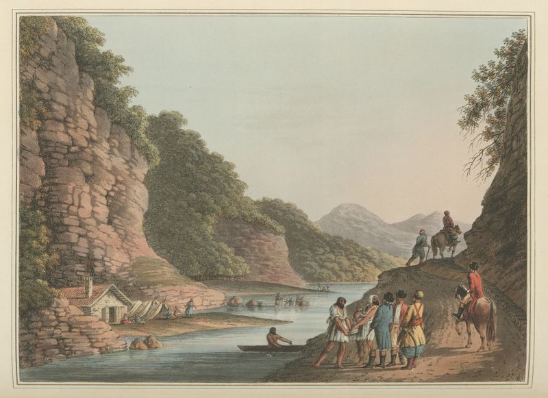 Paisagem de 'View on the Aluta' de Luigi Mayer, pintura a óleo com águas suaves e horizonte.