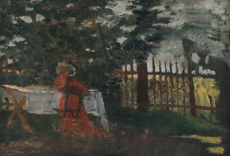 V záhrade de Konštantín Kövári-Kačmarik, que representa un jardín con flores vibrantes y luz moteada, óleo.