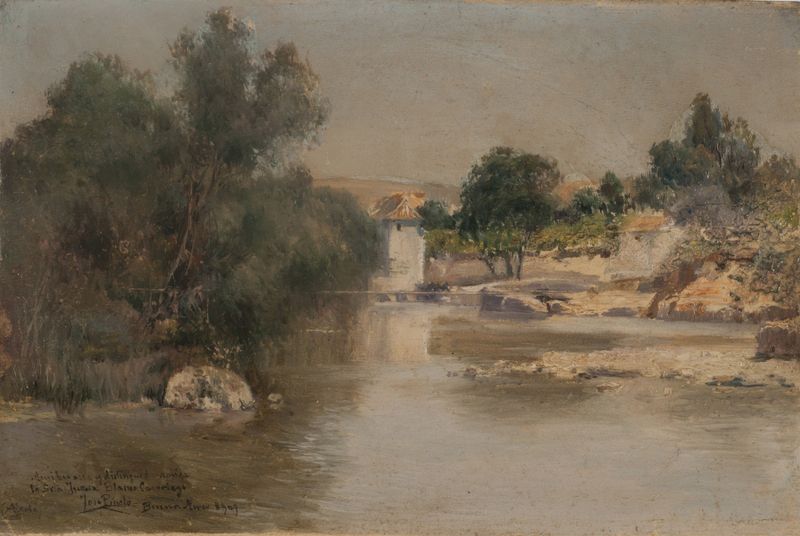Oil painting by José Pinelo Llull depicting a river, horizon, and soft pastels