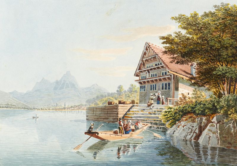 Oil painting by Gabriel Lory the Younger featuring an auberge by a lake and mountains.