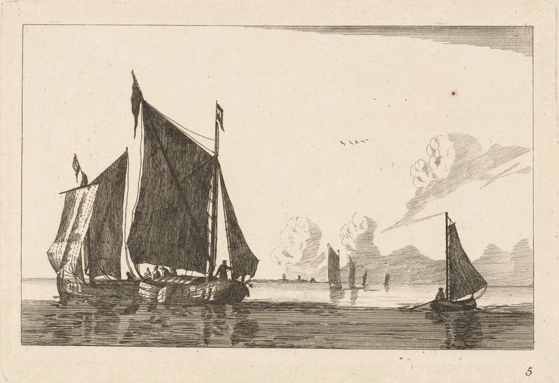 Tres barcos de vela en agua tranquila, grabado de Unknown Artist