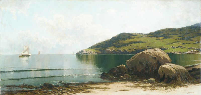 Paisagem marinha de Alfred Thompson Bricher, pintura a óleo que retrata ondas do oceano e um céu pálido.