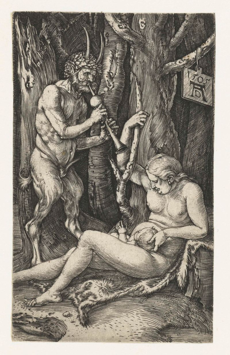 Grabado de Albrecht Dürer que representa una familia de sátiros en un entorno natural