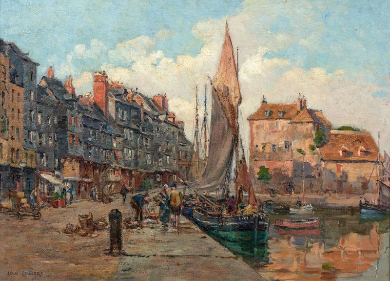 Honfleur de Léon Leclerc, óleo sobre lienzo que representa aguas tranquilas y un cielo apagado