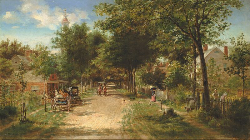 Interior scene of a country store with wooden shelves, oil painting by Edward Lamson Henry, 1885