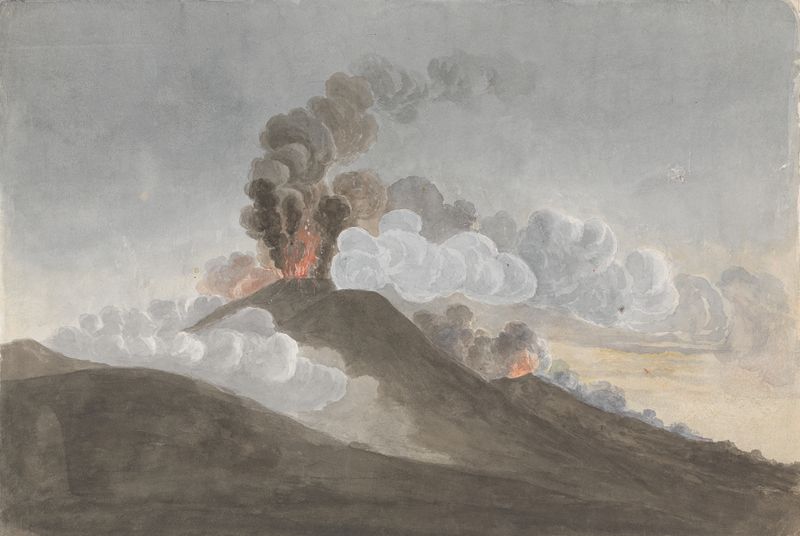 Vesuvius in Eruption by Isaac Weld, oil on canvas depicting a volcano erupting with smoke and fire.