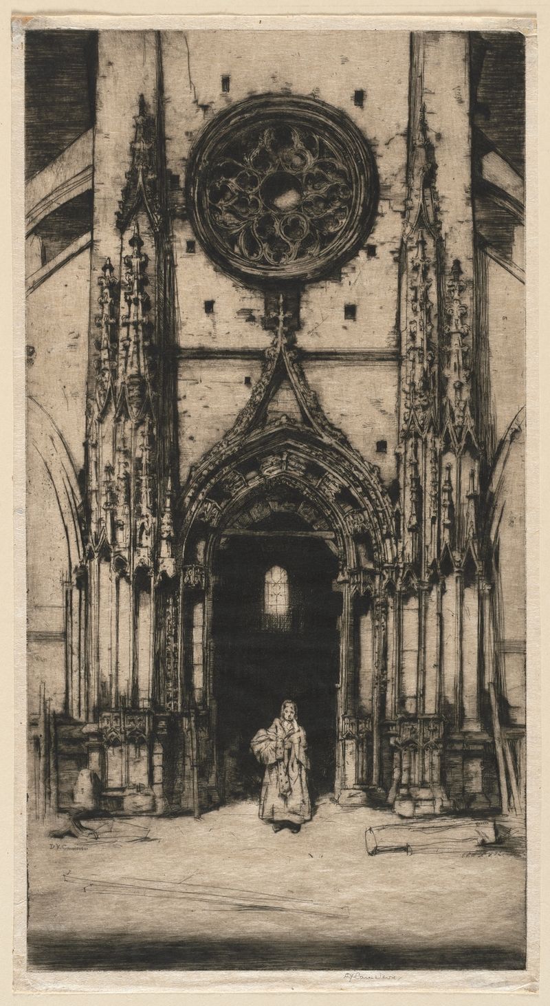Old St. Etienne de David Young Cameron, óleo de uma catedral iluminada pela luz.