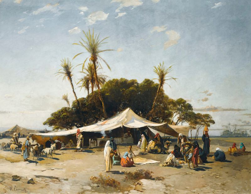 Landscape depicting a desert camp under a blue sky by Hermann David Salomon Corrodi, oil painting