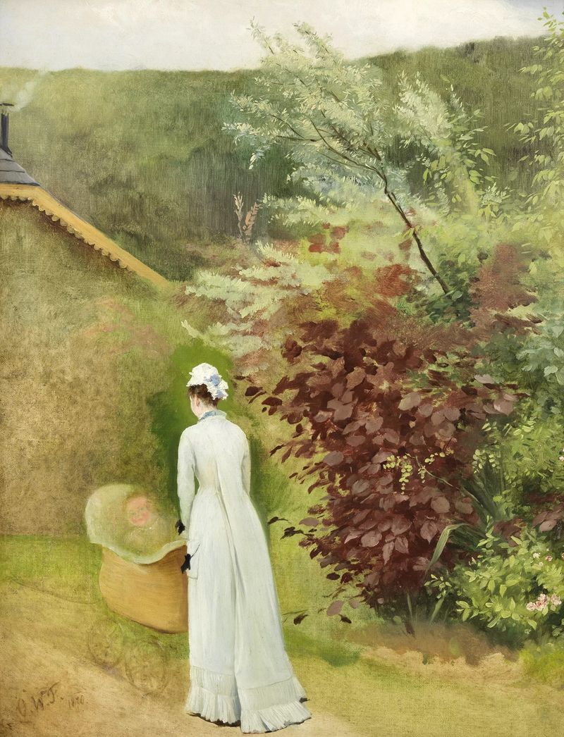 Landschaft, Frau mit Kinderwagen de Olga Wisinger-Florian, óleo sobre lienzo que muestra a una madre con un carrito en la ...