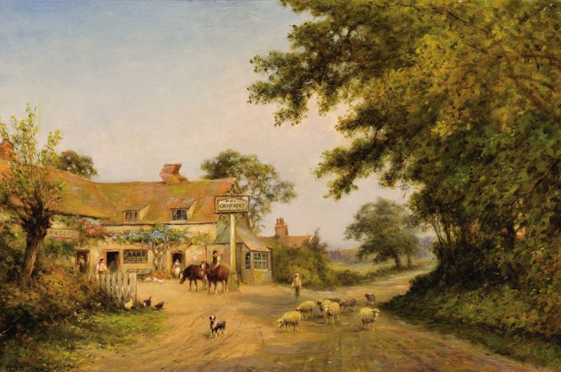 Cena de gênero mostrando uma aldeia com cottages e árvores, pintura a óleo de Walter Wallor Caffyn