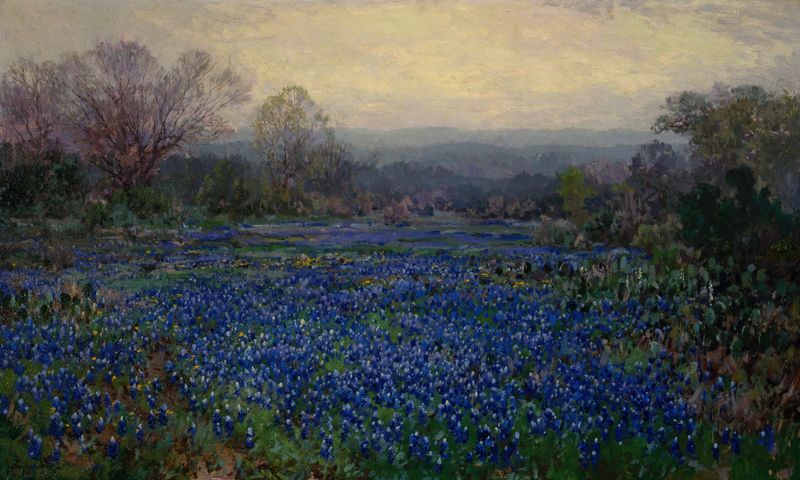 Field of bluebonnets in oil painting by Julian Onderdonk