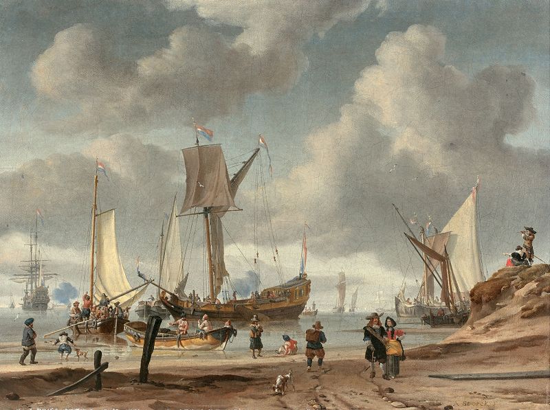 Genre scene depicting a lively beach with figures, oil painting by Abraham Storck.