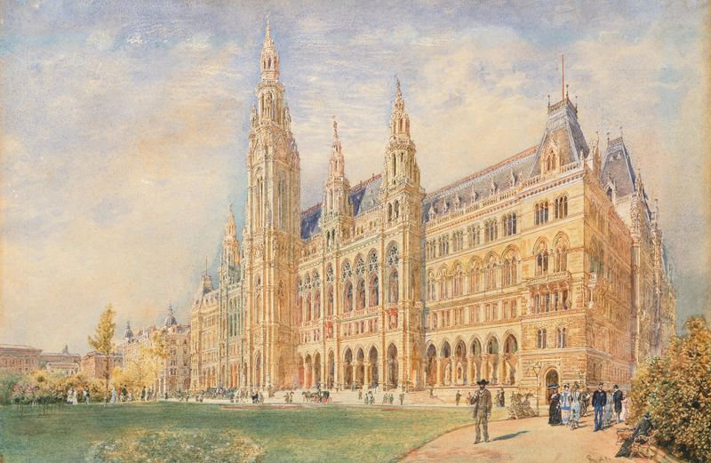 A Câmara Municipal de Viena e a Praça da Câmara Municipal com figuras, pintura a óleo de Rudolf von Alt