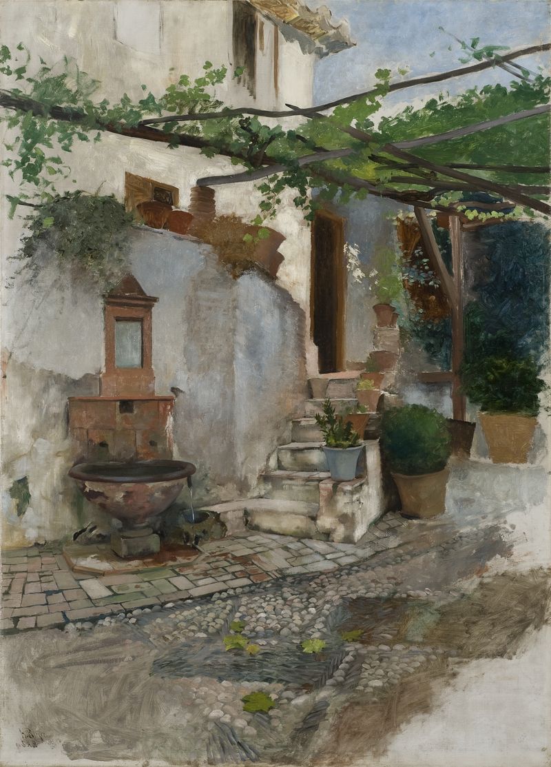 Interior scene with warm light and wooden beams, oil painting by Hugo Birger