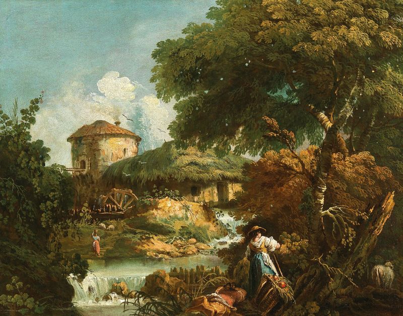 River landscape with figures and a watermill, oil painting by Antonio Diziani