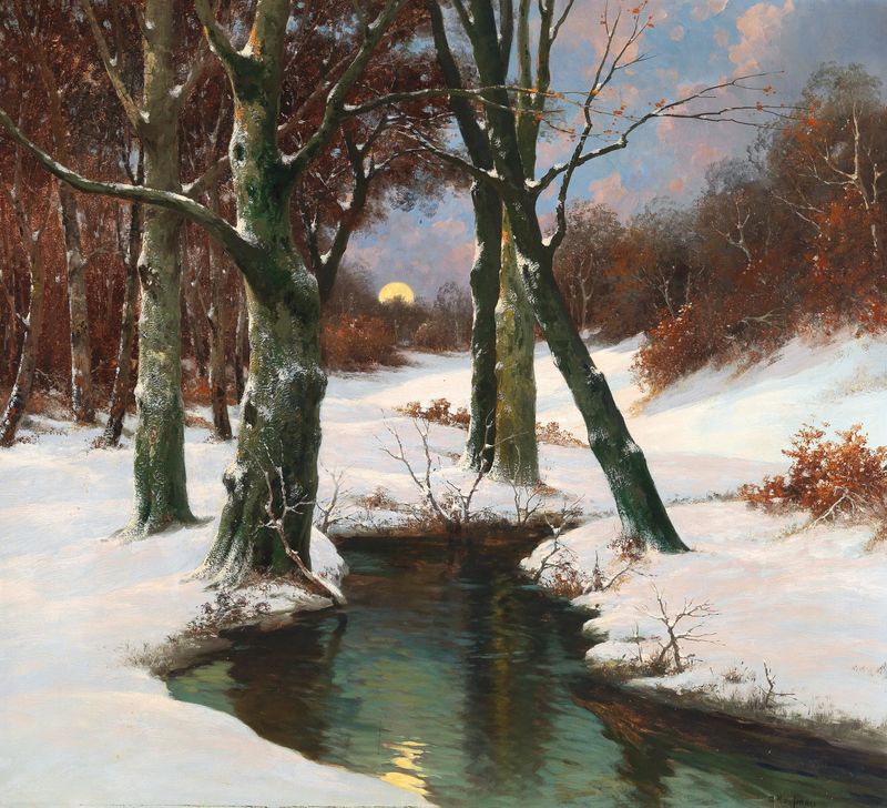 Winter landscape with rising moon, oil painting by Adolf Kaufmann