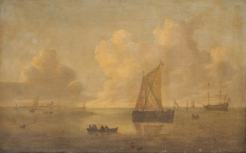 Seascape with a Town in the Background by Willem van Diest, oil on canvas showing waves and a distant town.