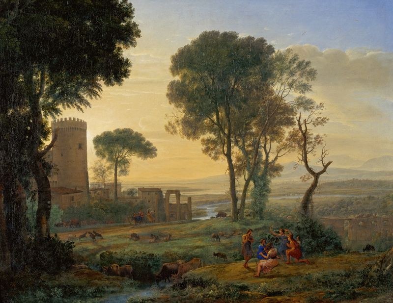 Landscape with the Flight into Egypt by Claude Lorrain, oil on canvas depicting the Holy Family in golden light.