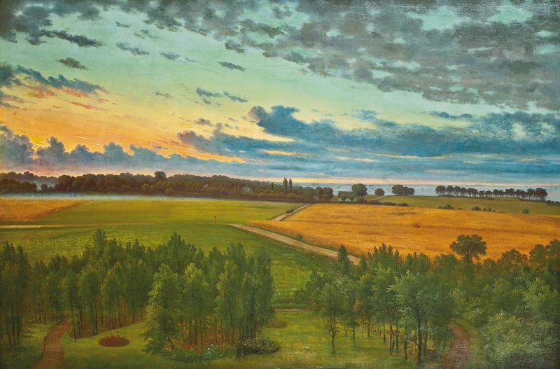 Paisagem ao crepúsculo com silhuetas, de Christian Bernh Severin Berthelsen, meio desconhecido