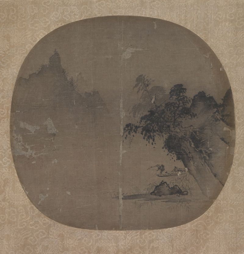 Misty landscape with a fisherman in a boat, ink on silk by Xia Gui