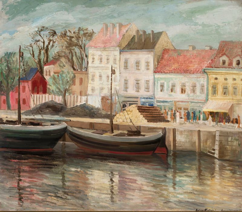 Port w Świnoujściu de Adam Malicki, postimpresionismo, representando barcos en el agua bajo un cielo nublado