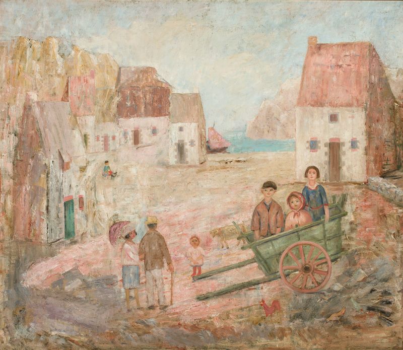 Landscape of a small town with children in a pram, oil on canvas by Tadeusz Makowski