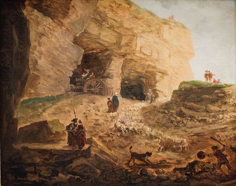 Uma cena de pedreira com ovelhas e árvores, óleo sobre tela de Hubert Robert
