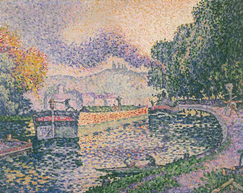 O rebocador, Canal em Samois de Paul Signac, óleo que retrata um rebocador em um canal
