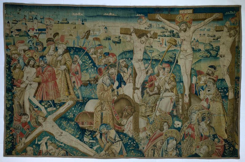 Tapeçaria retratando a cena da crucificação por Unknown Artist