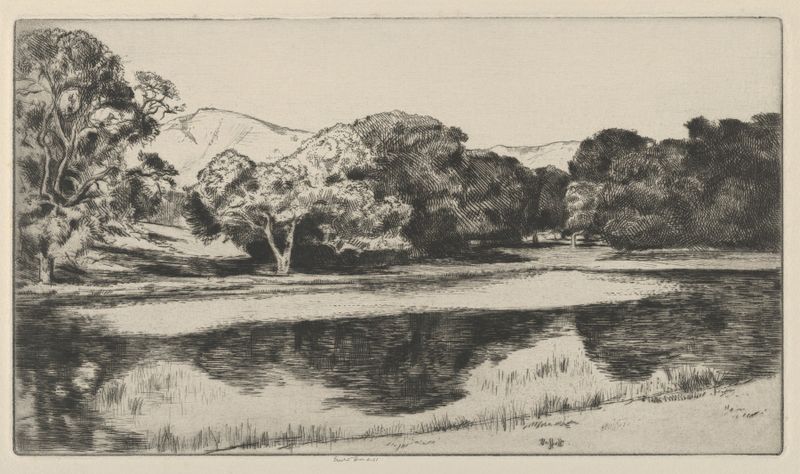 Large Pool de Ernest Haskell, acuarela sobre papel que representa agua tranquila y paisaje exuberante.