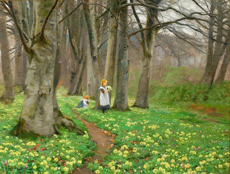 Pintura al óleo de Hans Andersen Brendekilde que muestra a una niña recogiendo flores en un bosque de primavera