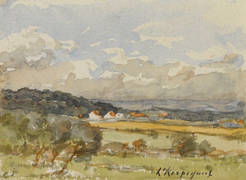 Paisagem com chalés, óleo sobre tela de Henri-Joseph Harpignies