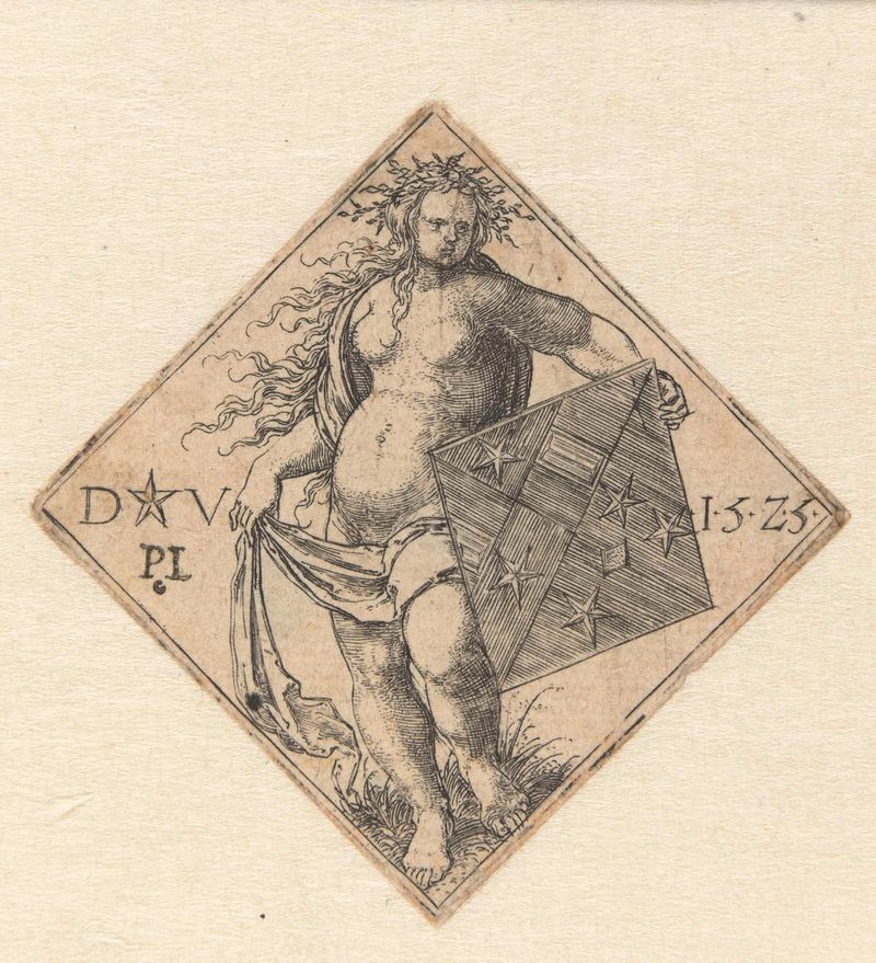Nude female figure with a shield, engraving by Dirck Vellert