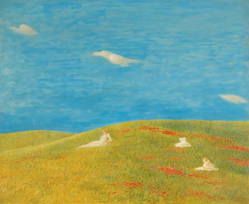 Meadow de Gaetano Previati, óleo sobre tela retratando figuras em uma paisagem tranquila com luz suave.
