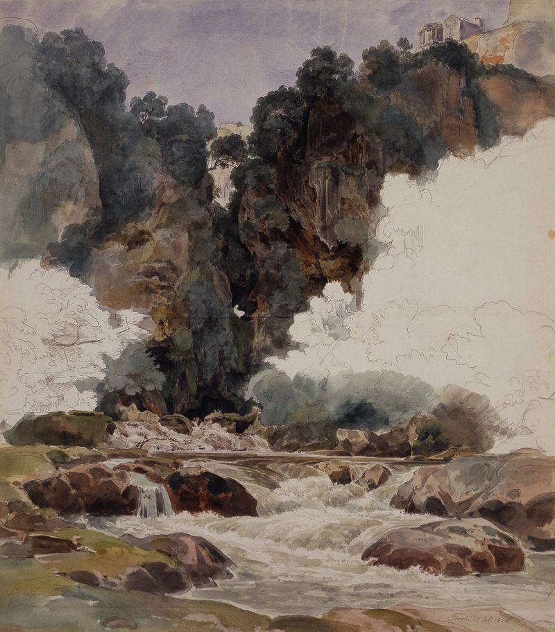 The Neptune Grotto close to Tivoli, oil on canvas by Ernst Fries, depicting a serene landscape with lush foliage.