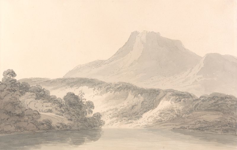 Serene lake landscape with darkening sky, oil painting by Dr. Thomas Monro